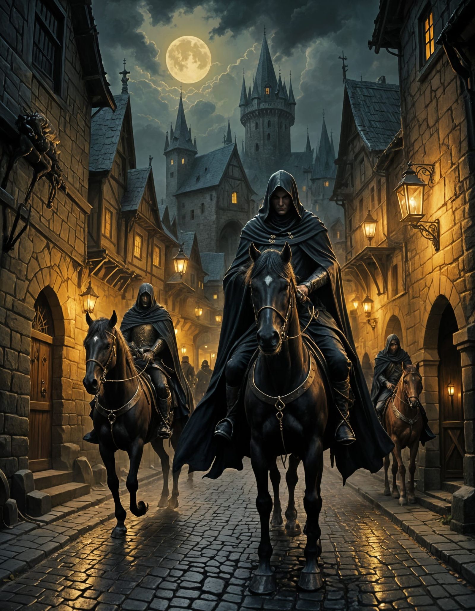 Gothic Fantasy Riders Hunt Ringbearer in Medieval Town