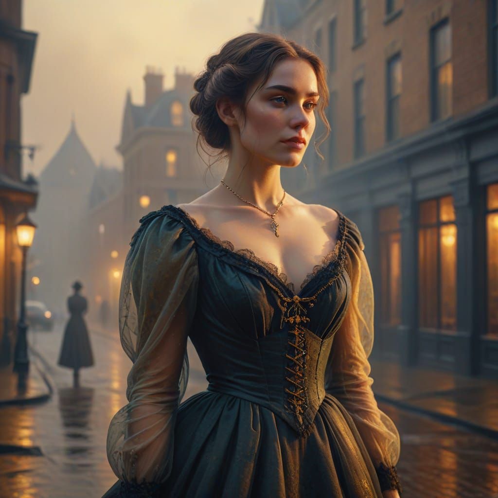 Victorian Woman in Foggy City, Digital Painting
