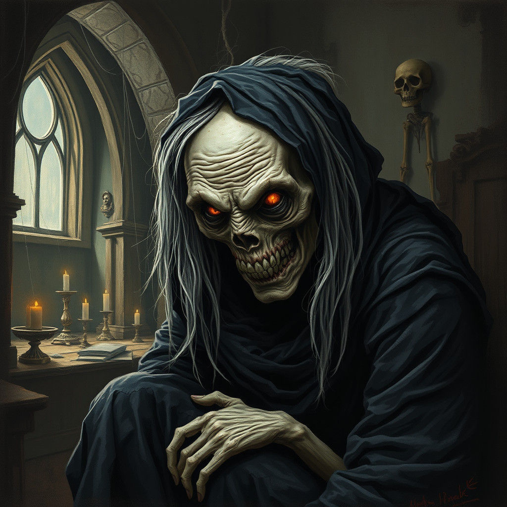 Macabre Old Woman in Gothic Nightmare Chamber