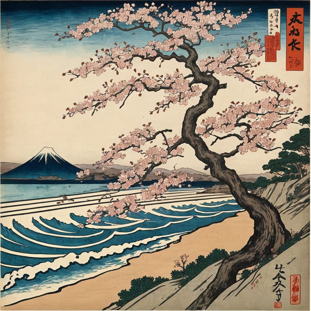 Ukiyo-e Cherry Blossom Tree on Shoreline