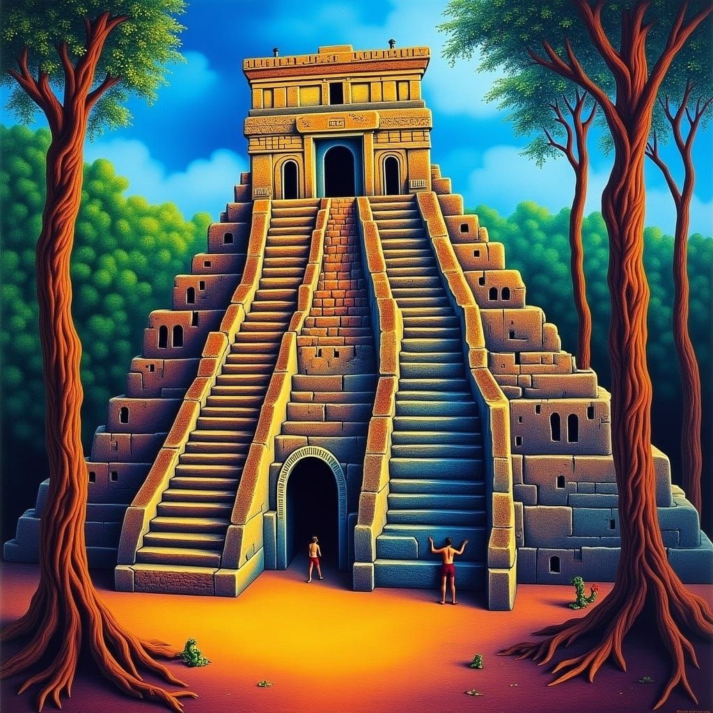 Mayan Temple Portrait in Surreal Abstract Style