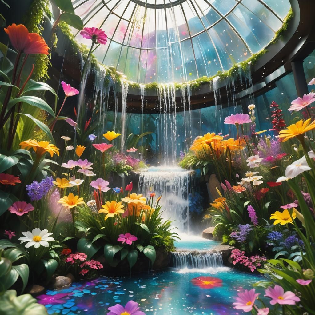 Vibrant Flower Dome Sanctuary with Animated Waterfall and Ex...