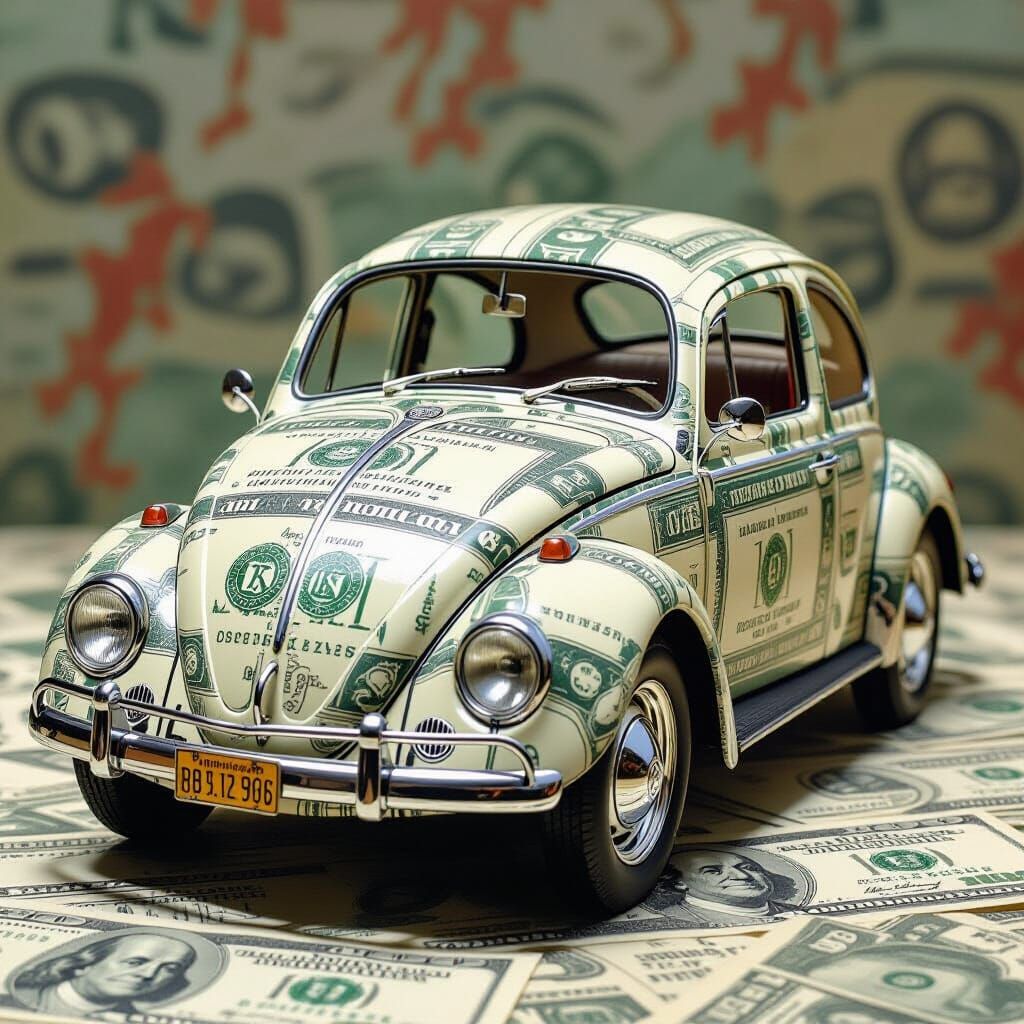 VW Beetle Made of Dollar Bills in Realistic Oil Painting Sty...