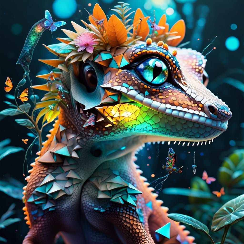 Translucent Gecko Lounging in a Geometric Jungle