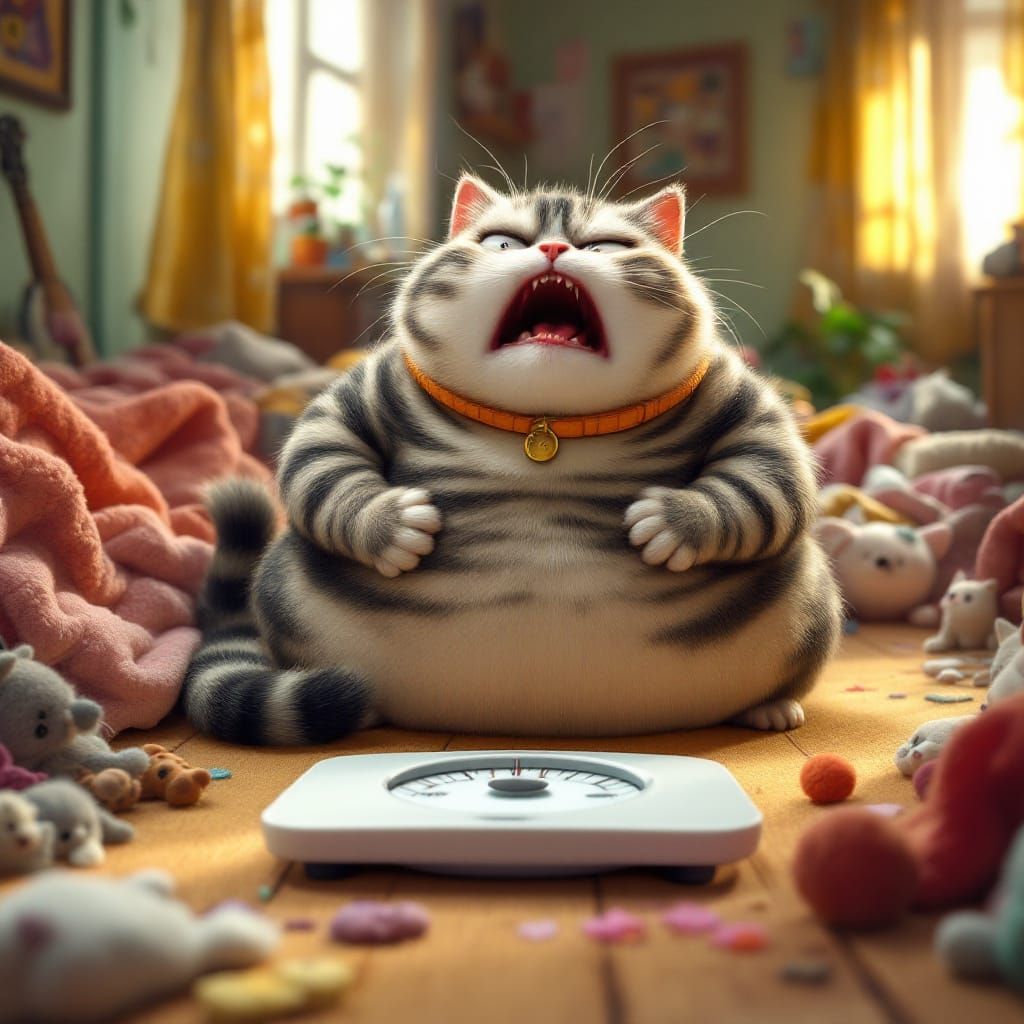 Terrified Plump Cat Scared of Weighing Scale in Pixar Style