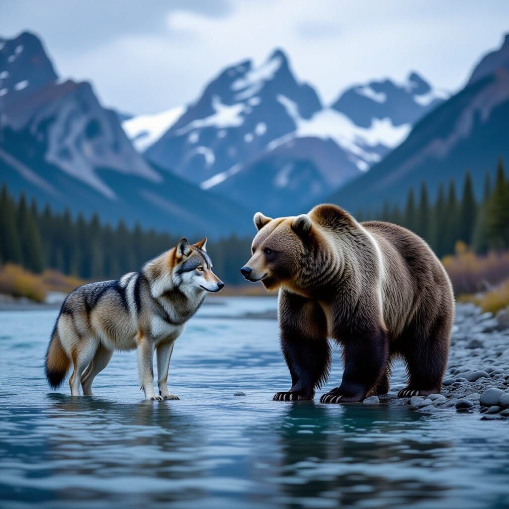 Wolf and Bear by River in Mountains, Cinematic Film Still