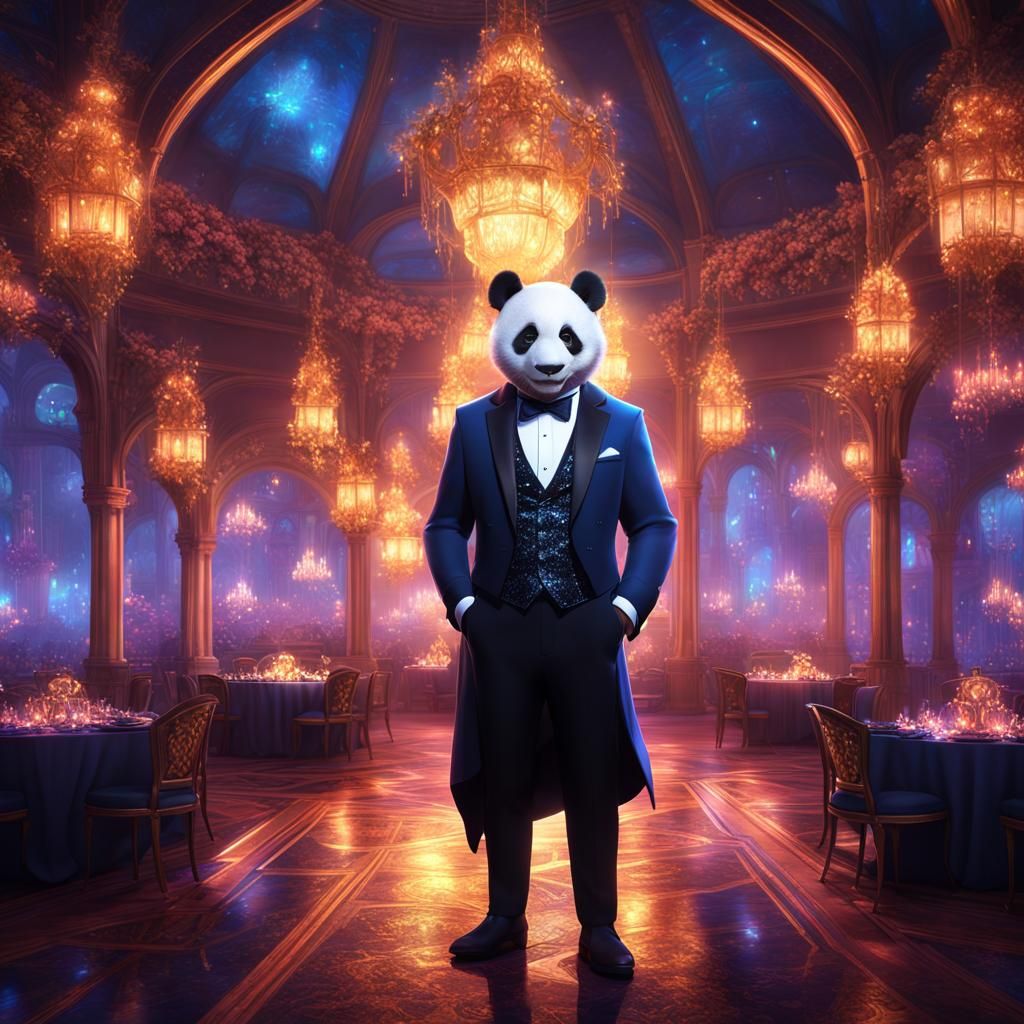 Panda in Tuxedo at Midnight Ball, Digital Painting