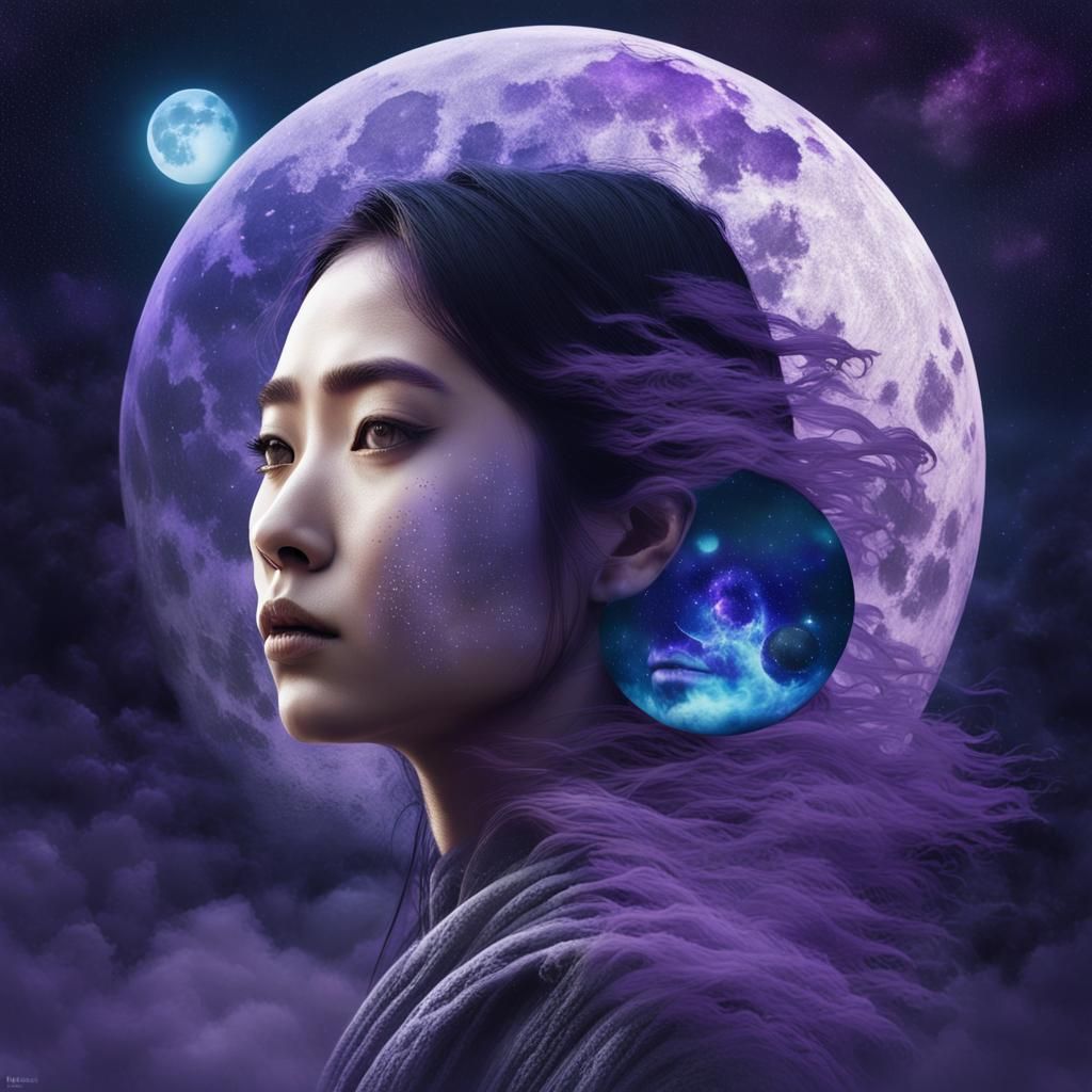 Celestial Hybrid: Woman and Moon Portrait in Space