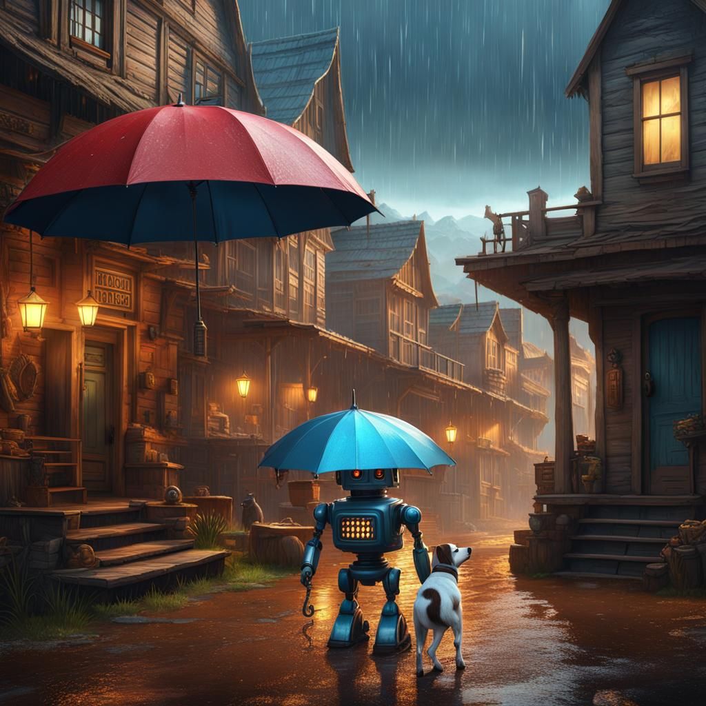 Robot and Dog in Wild West Landscape