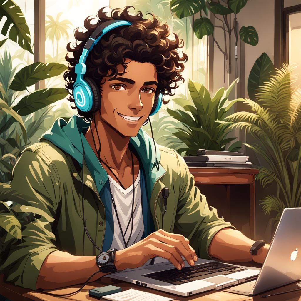 Anime Boy Working in Tropical Room