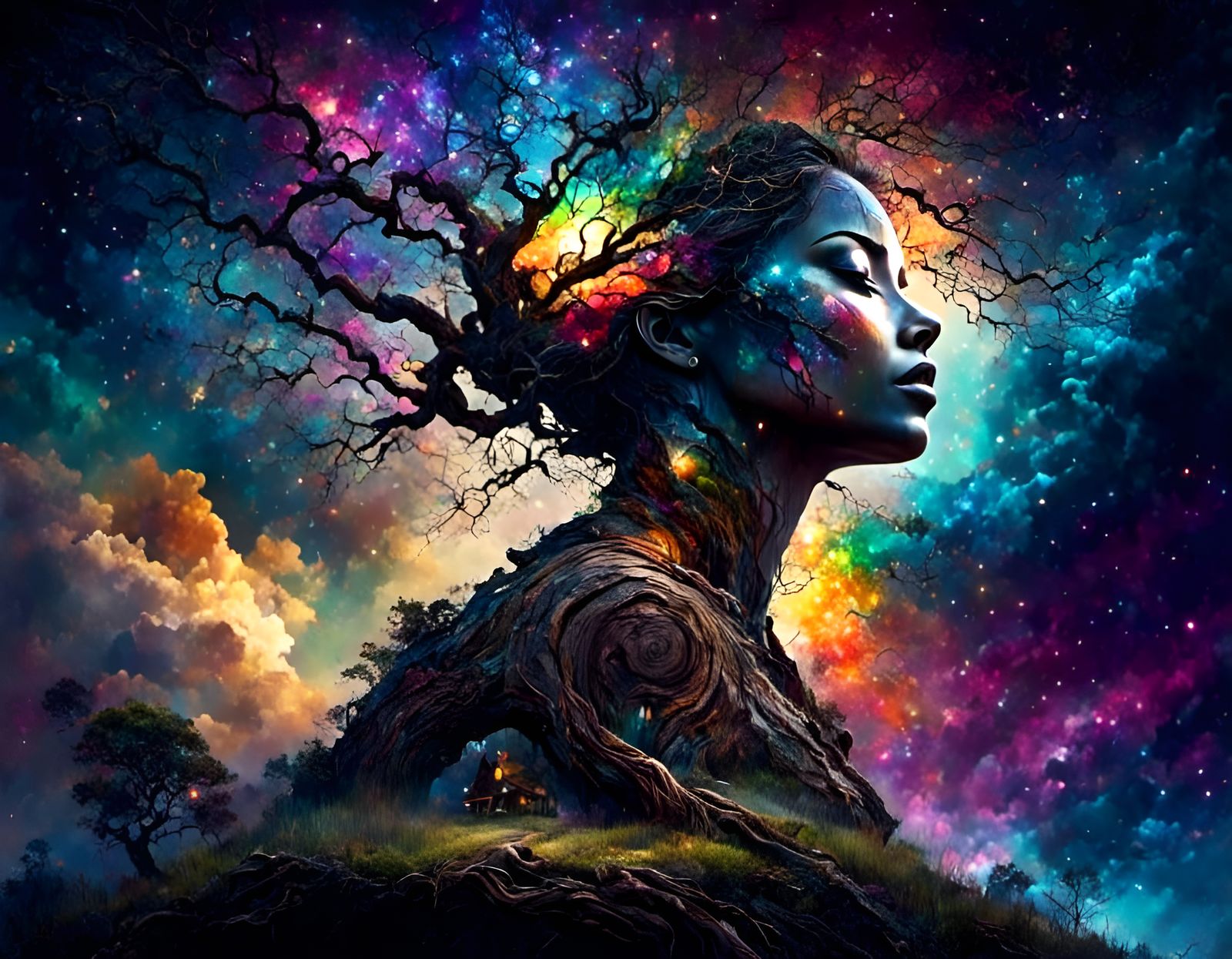 Lightning Illuminates Carved Face on Ancient Oak