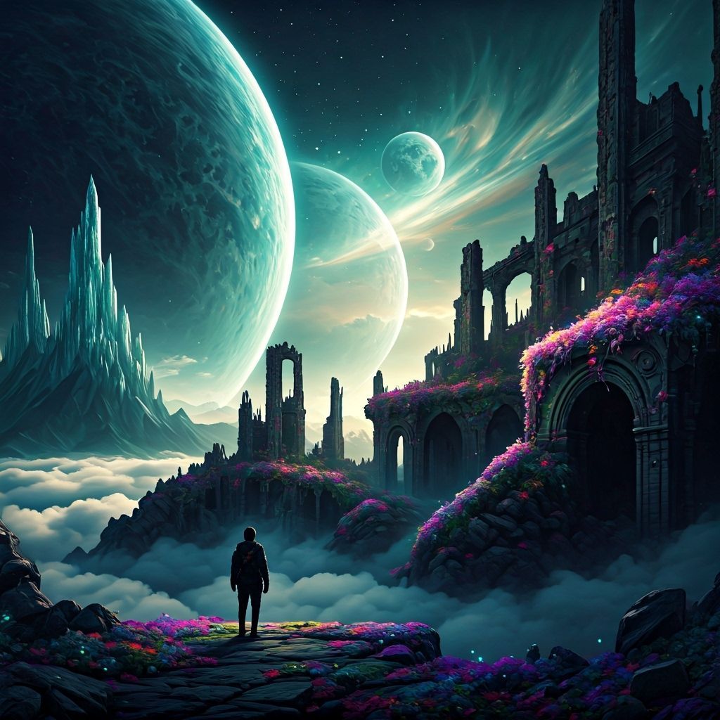 Epic Fantasy Ruins Under Alien Nebula Sky