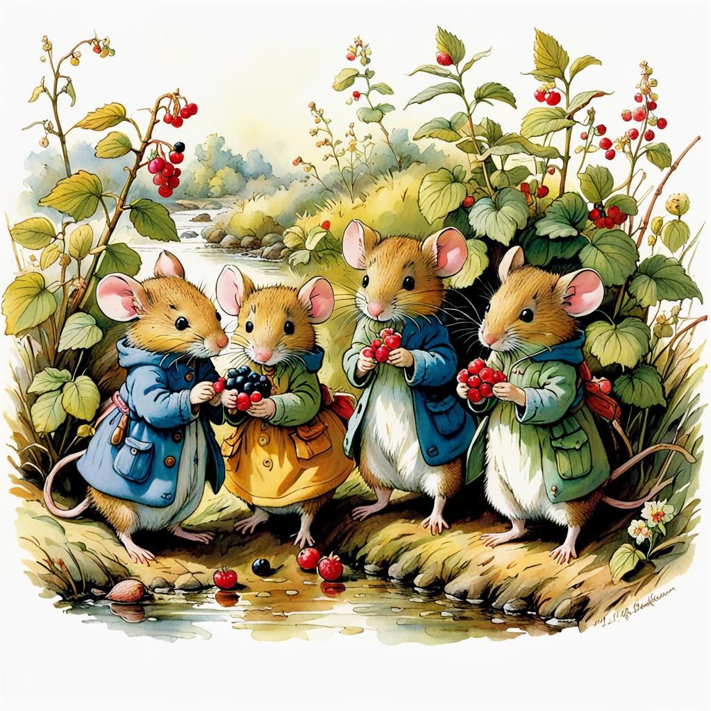 Mice Collect Berries: Whimsical Children's Illustration