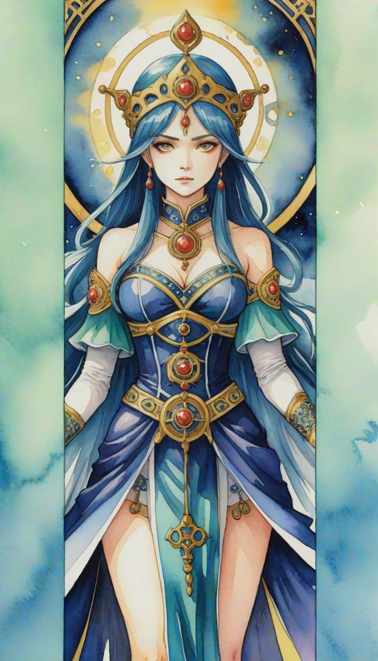 Surreal Watercolor Anime Tarot Card of the Enigmatic High Pr...