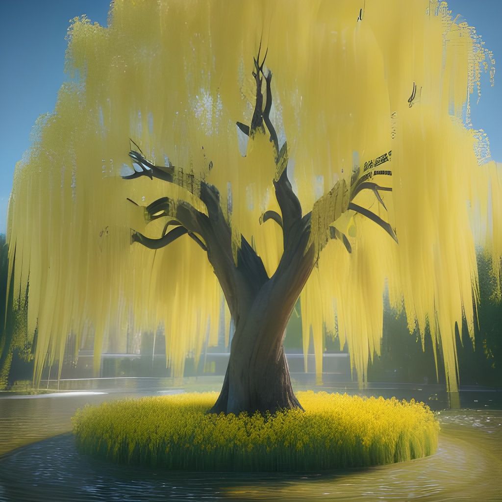 Weeping Willow Tree with Yellow Flowers in 8K