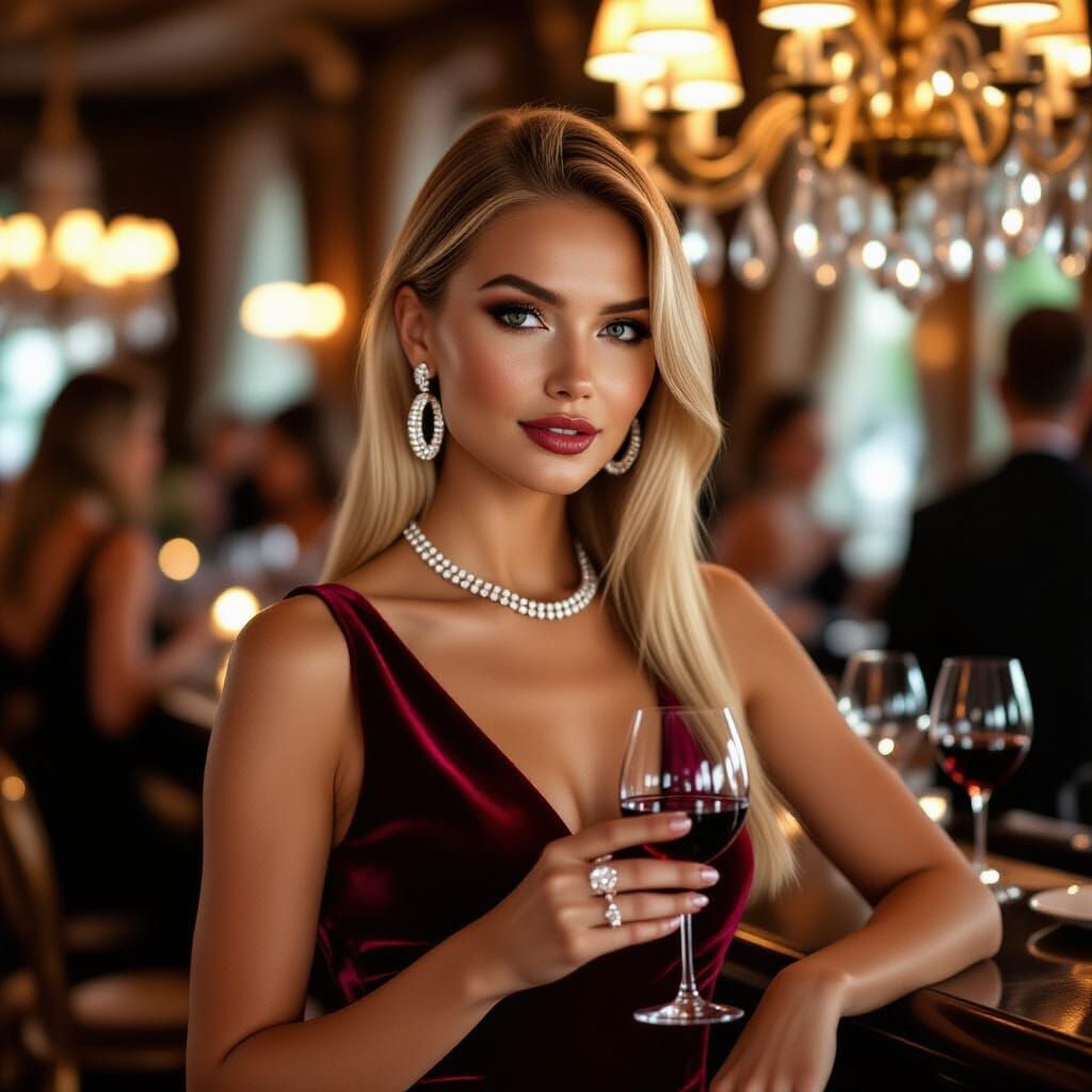 Elegant Woman in Velvet Dress at Dinner Party