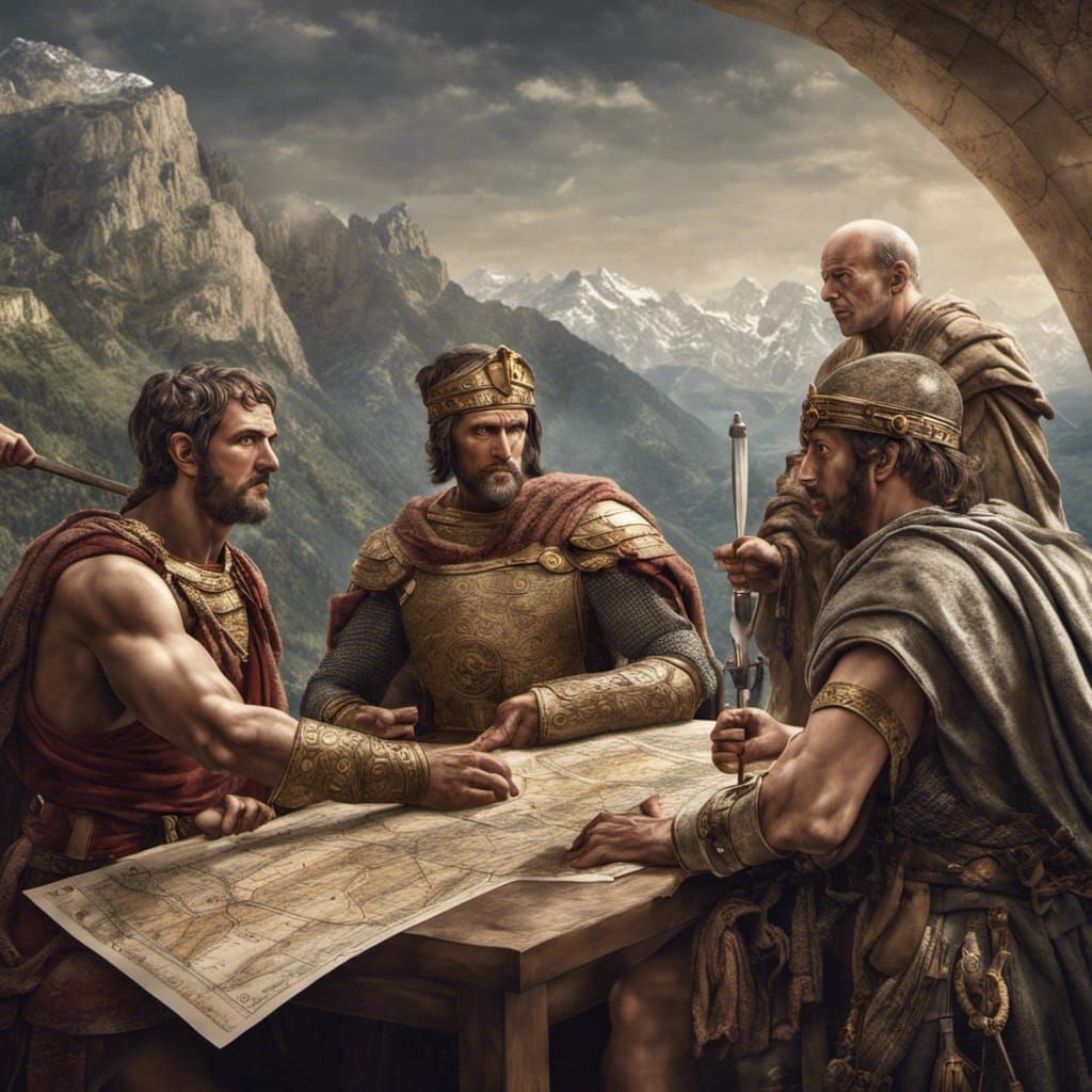 Hannibal Barca Strategizing with Generals in the Alps