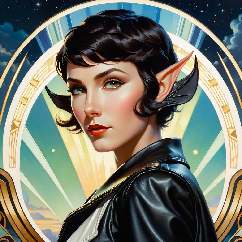 Art Deco Oil Portrait of a Female Elf