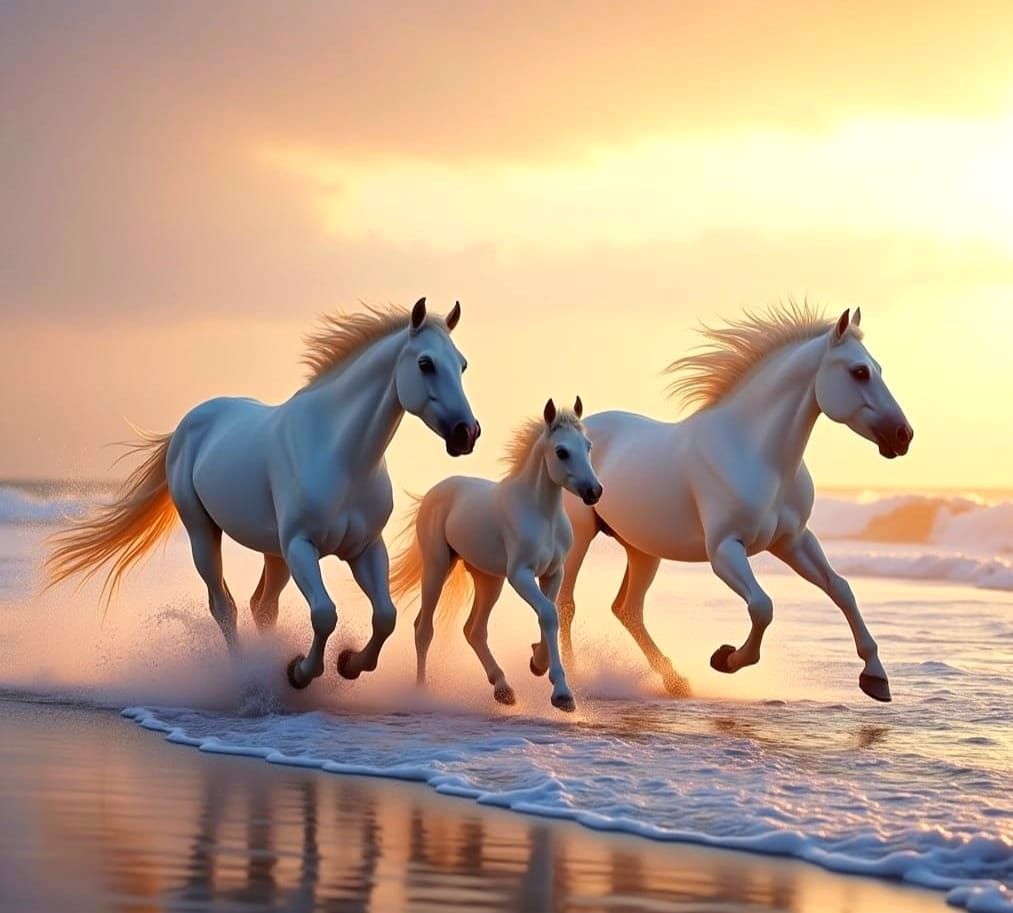 Majestic Wild Horses Gallop in Dawn's Soft Focus