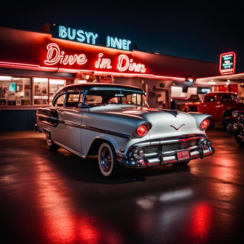 Hot Rod at Retro Diner with Neon Signs