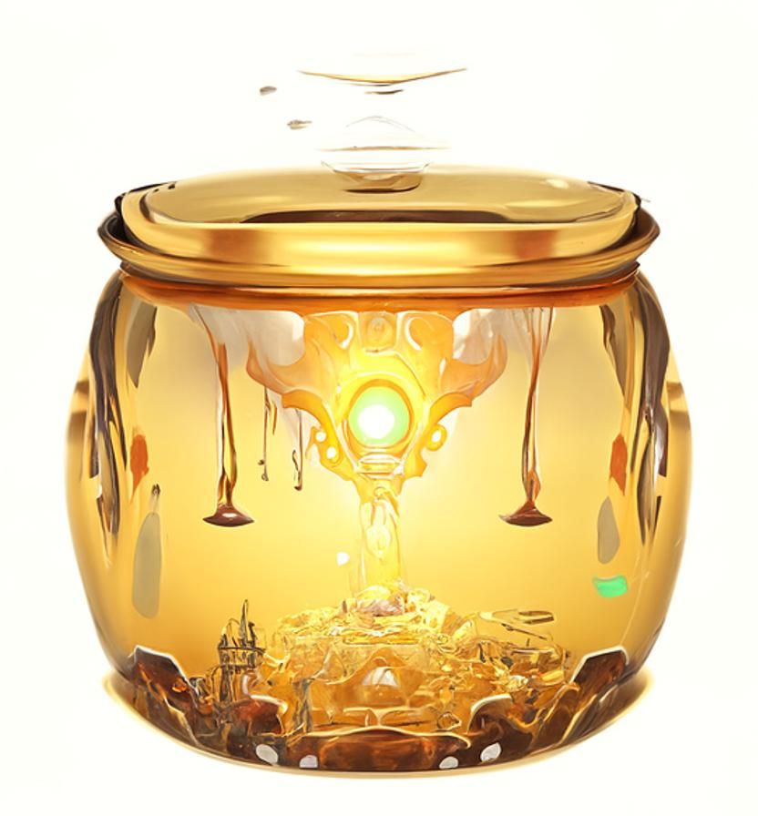 Glowing Gold Honeypot in Kinetic Pointillism Style