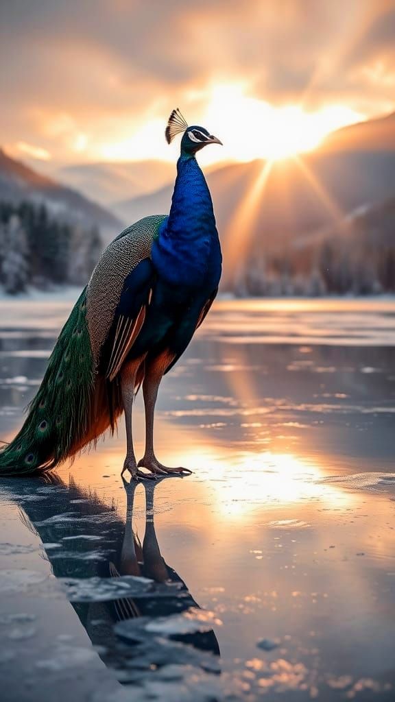 Majestic Peacock on Frozen Lake at Sunset