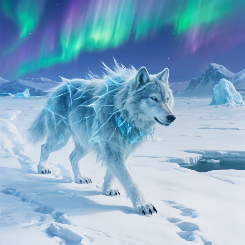 Glacial Wolf Prowling Arctic Tundra Landscape