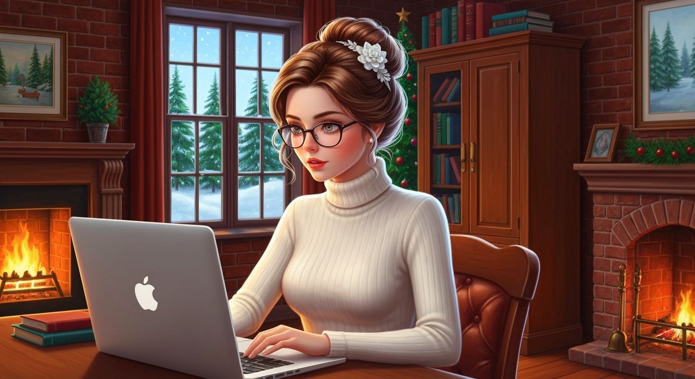 Cozy Winter Scene: Lady Working by Fireplace