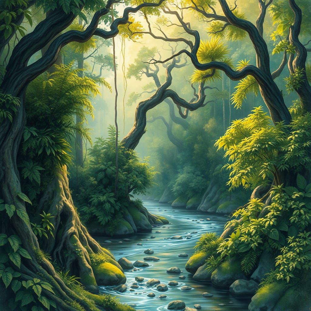 Majestic Watercolor-Style River Forest Scene