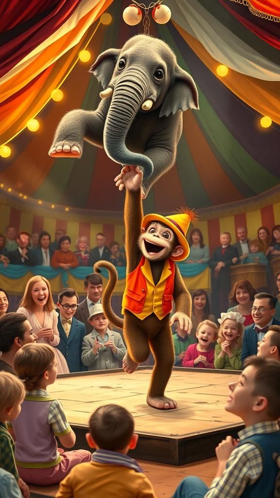 Whimsical Circus: Monkey Balances Elephant in Air