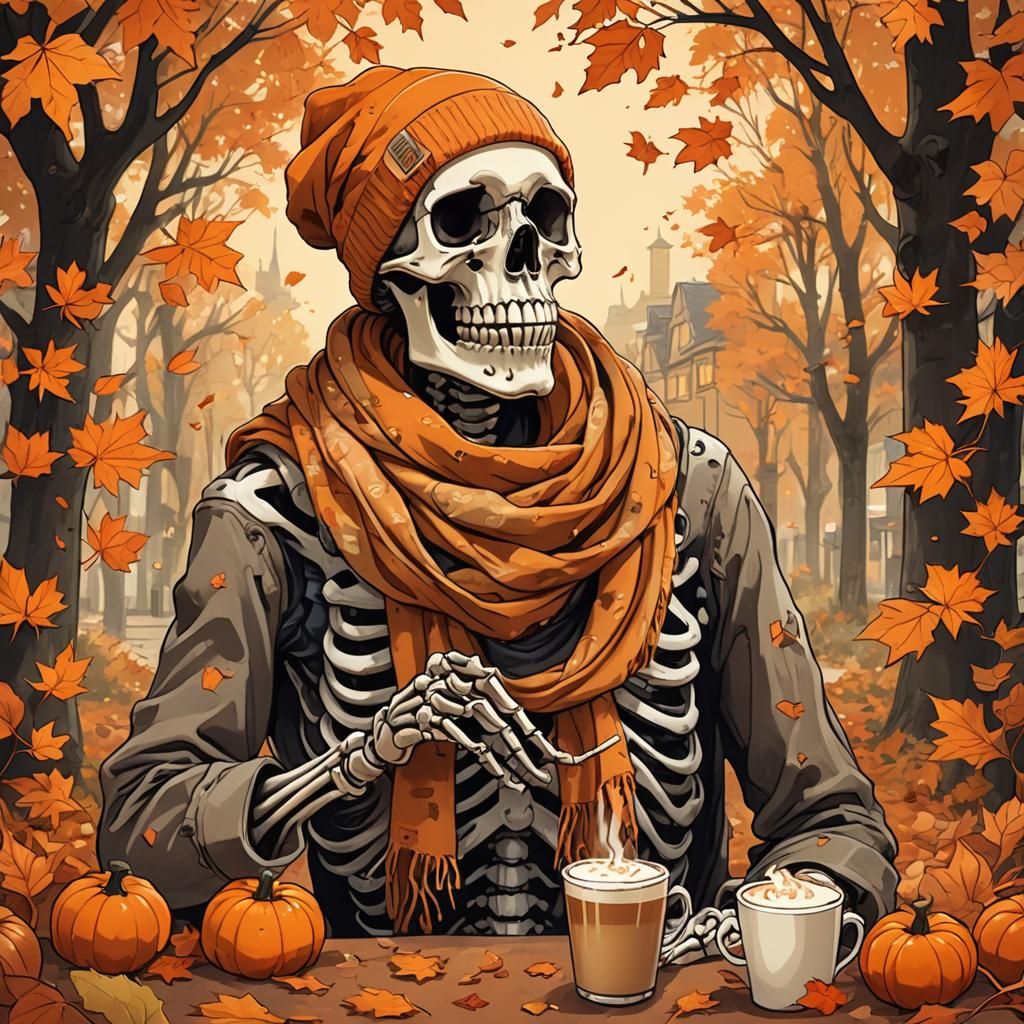 Cozy Cartoon Skeleton Enjoys Pumpkin Spice Latte