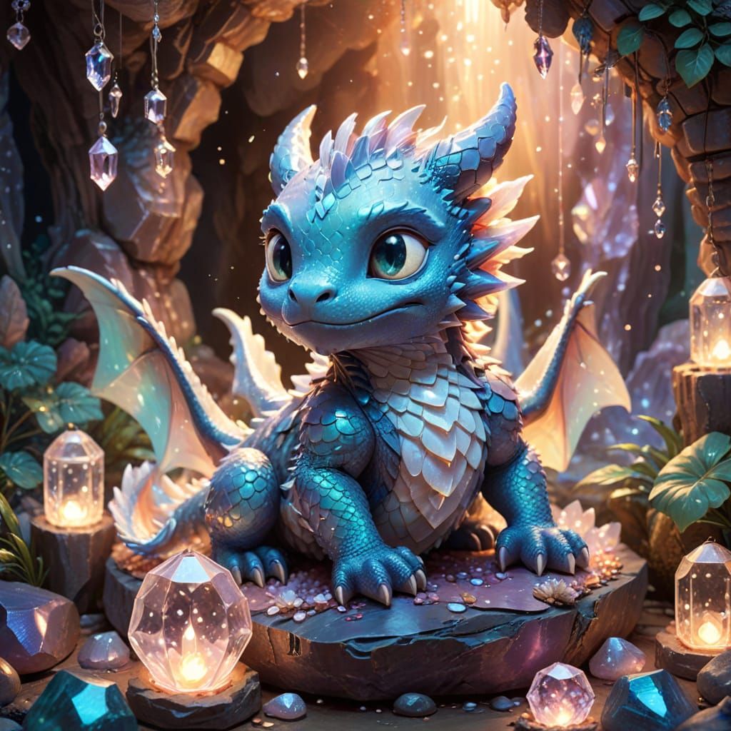 Cute Chibi Dragon on Iridescent Crystals in Ghibli Style
