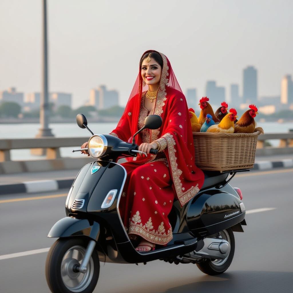 Woman on Scooter with Chickens in Pakistan