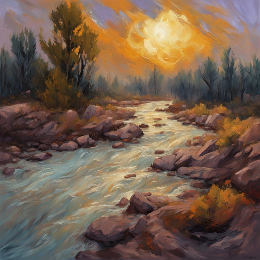 Neo-Impressionist Oil Painting of a Somber Riverside Scene