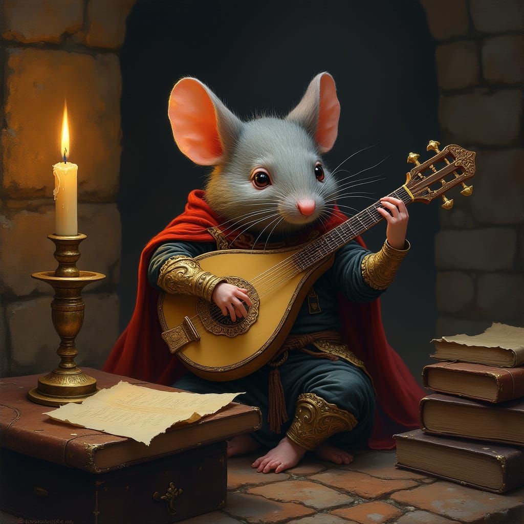Grey Mouse Minstrel in Velvet Attire
