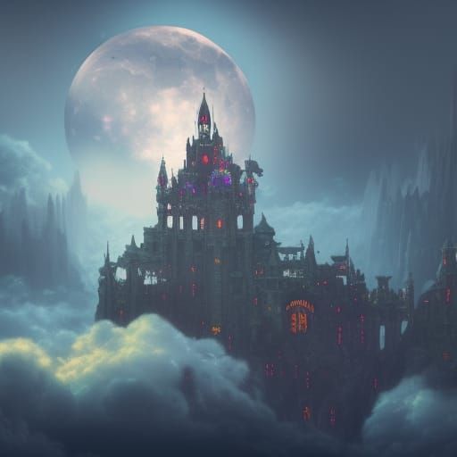 Epic Castle Flying in Clouds: Fantasy Art