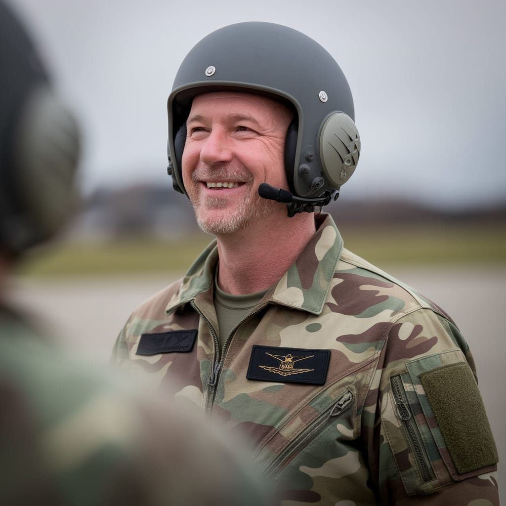 Military Pilot in Camouflage Attire with Aviation Headset