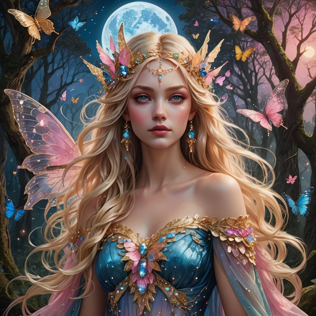 Fairy Goddess with Butterfly Wings in Forest Clearing