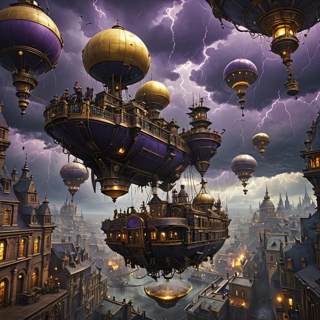 Steampunk Sky Trench City Above Thunderstorm