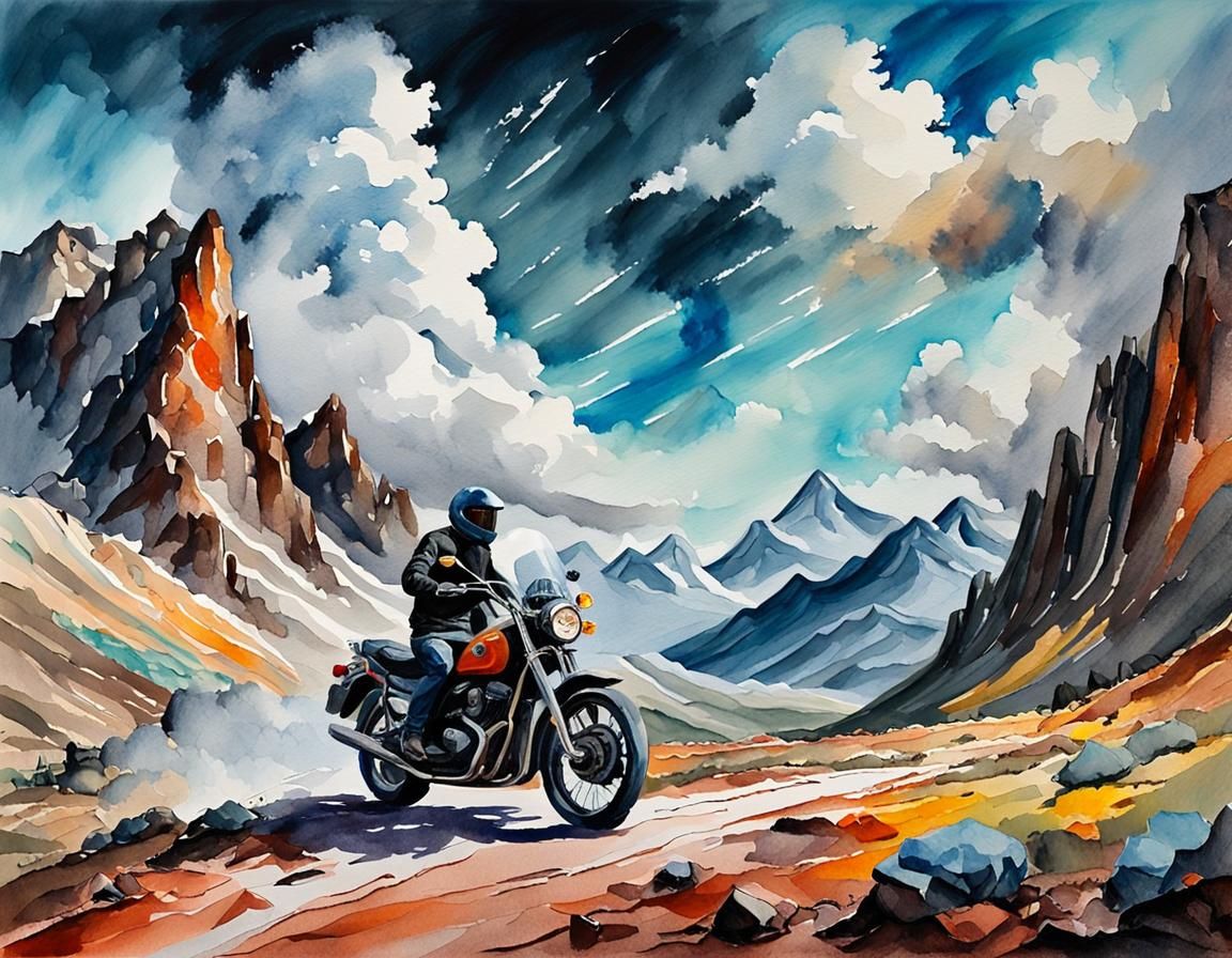 Motorbike Among Clouds: Watercolor Gouache Impression