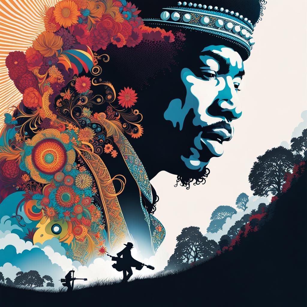 Detailed Vector Art Double Exposure: Jimi Hendrix