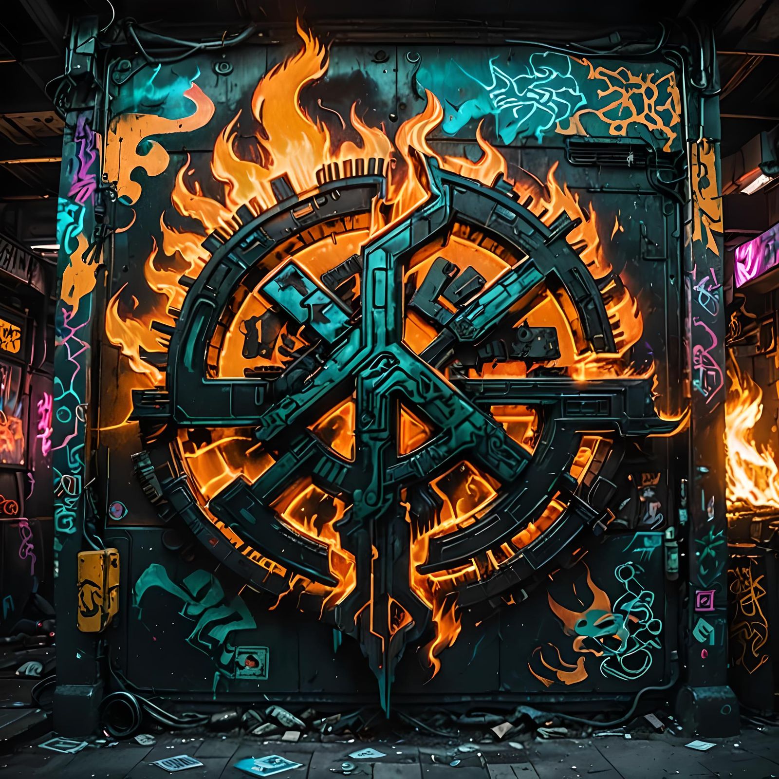 Flaming Raiders Symbol in Cyberpunk Graffiti Style