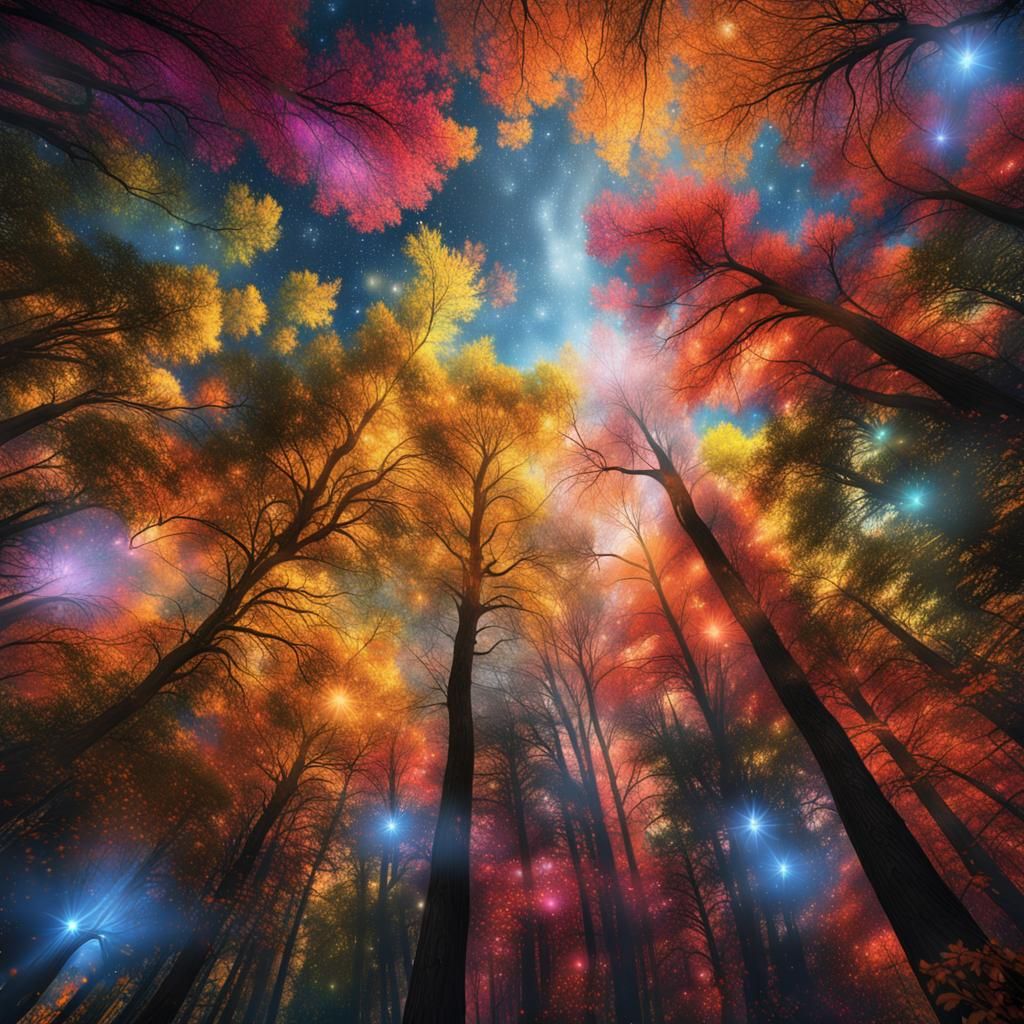 Psychedelic Forestpunk Trees in Dark Matter Art Style