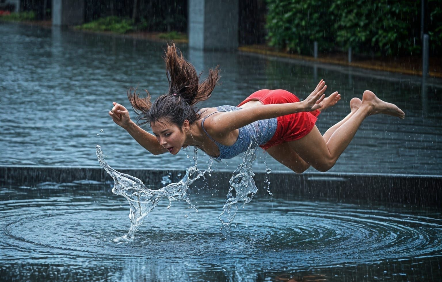 Woman Diving into a Rain Puddle