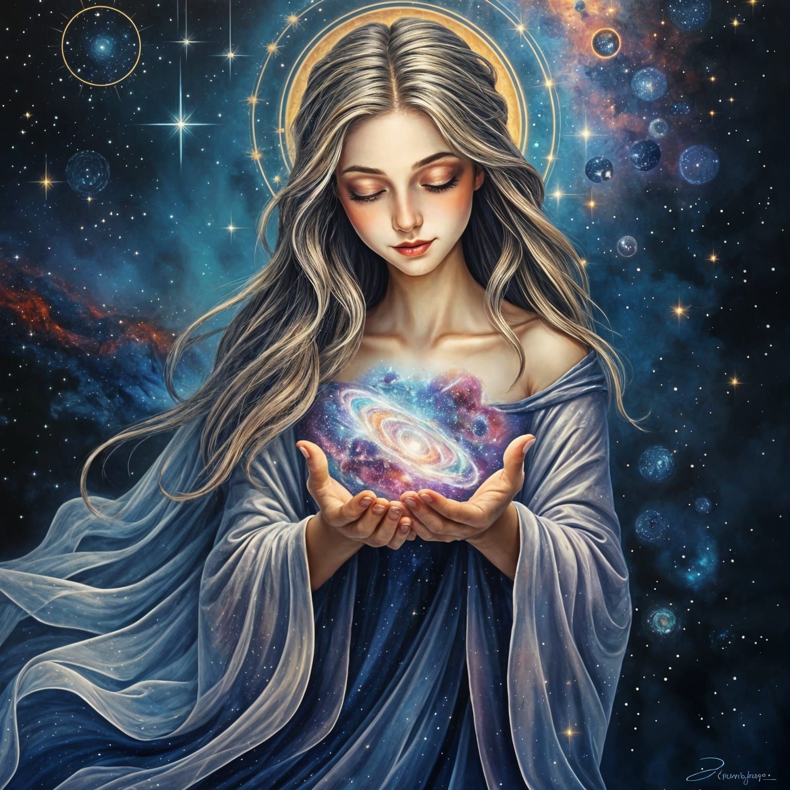 Goddess of the Cosmos Cradles a Miniature Galaxy