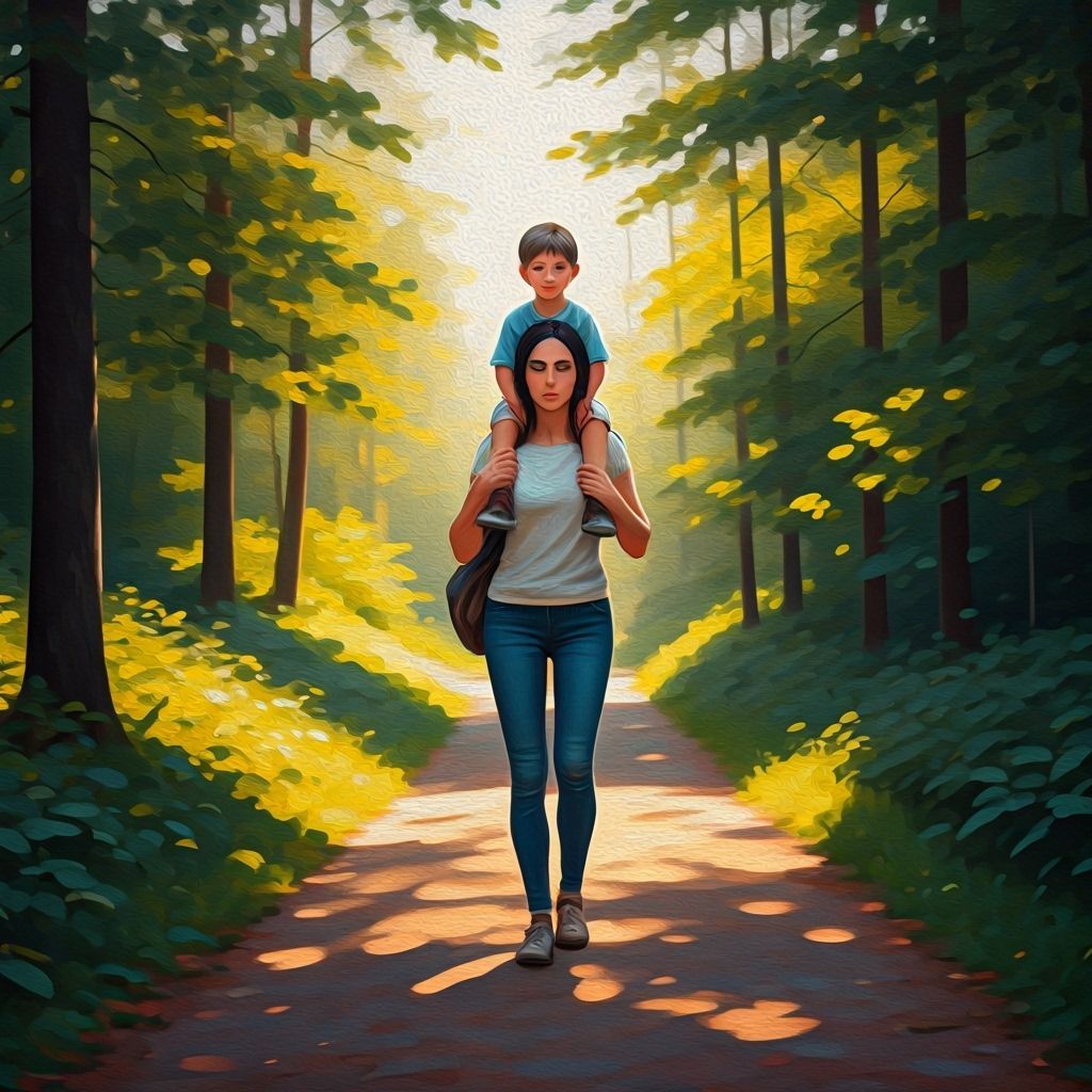 Woman Carries Boy Through Sunlit Forest in Impressionist Sty...
