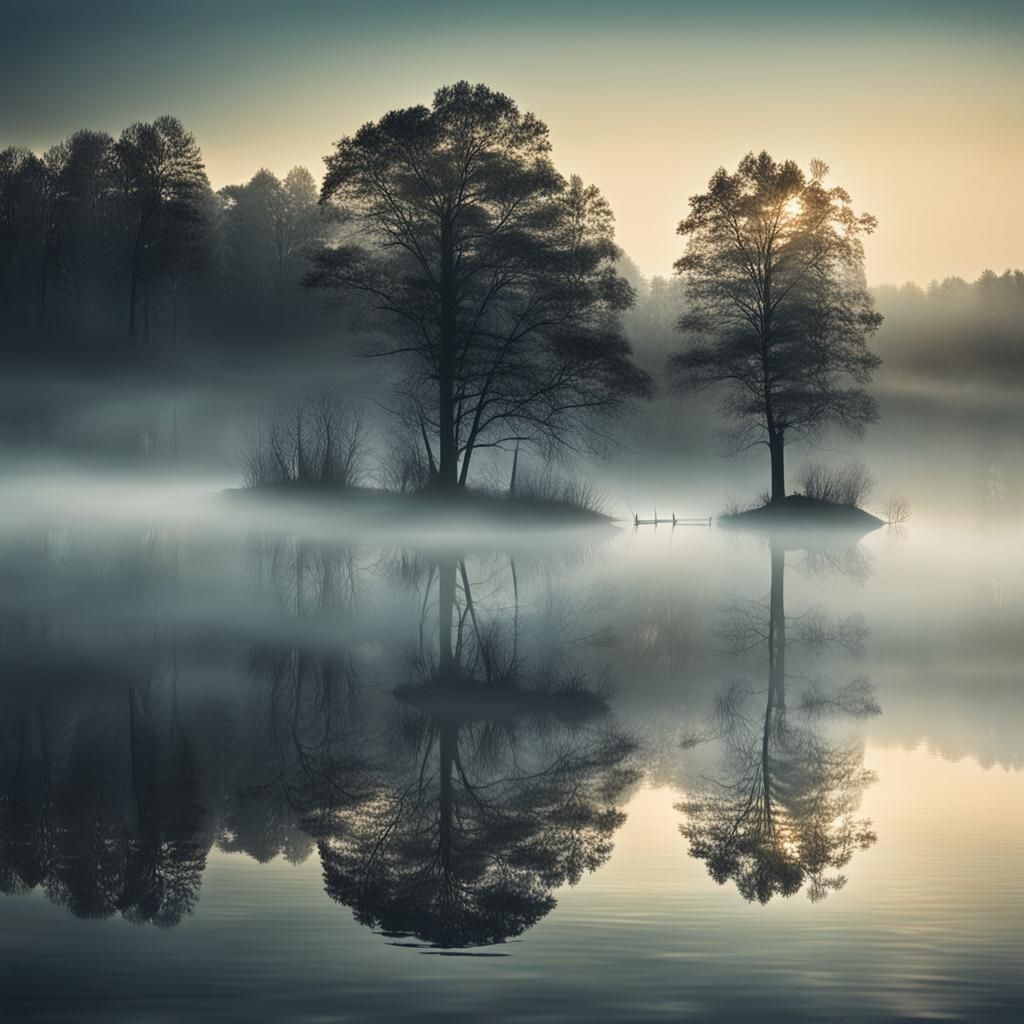 Misty Lake at Dusk: High-Resolution Photography