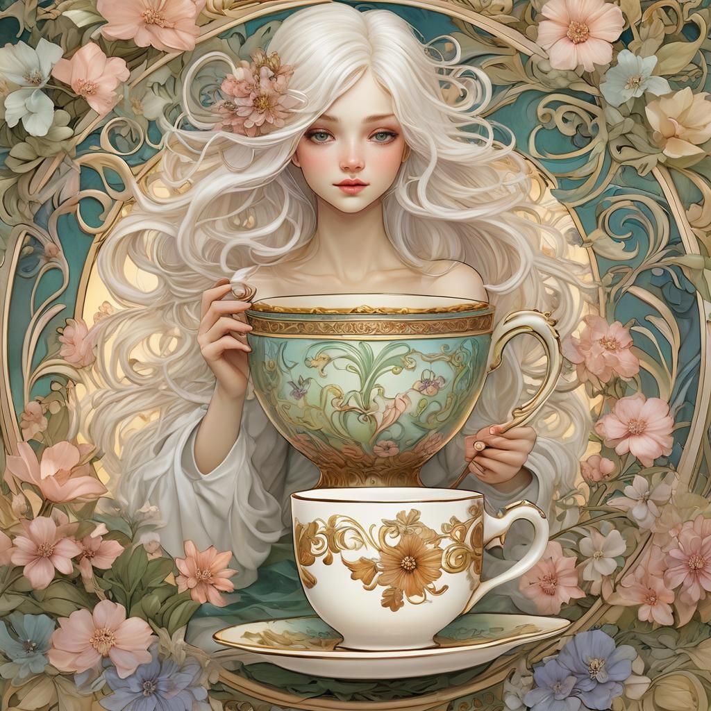 Woman Emerges from Teacup in Art Nouveau Style