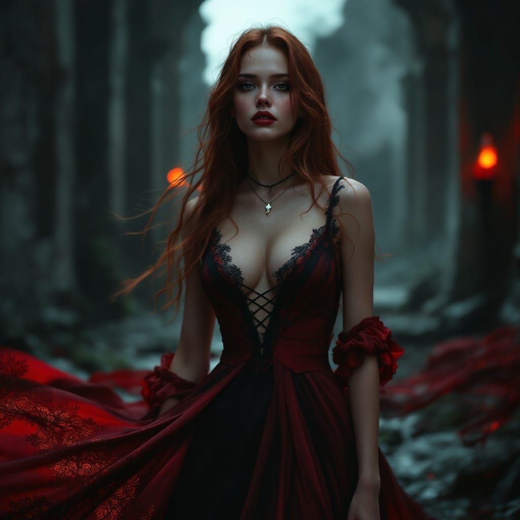 Ethereal Lady in Haunted Ruins at Twilight