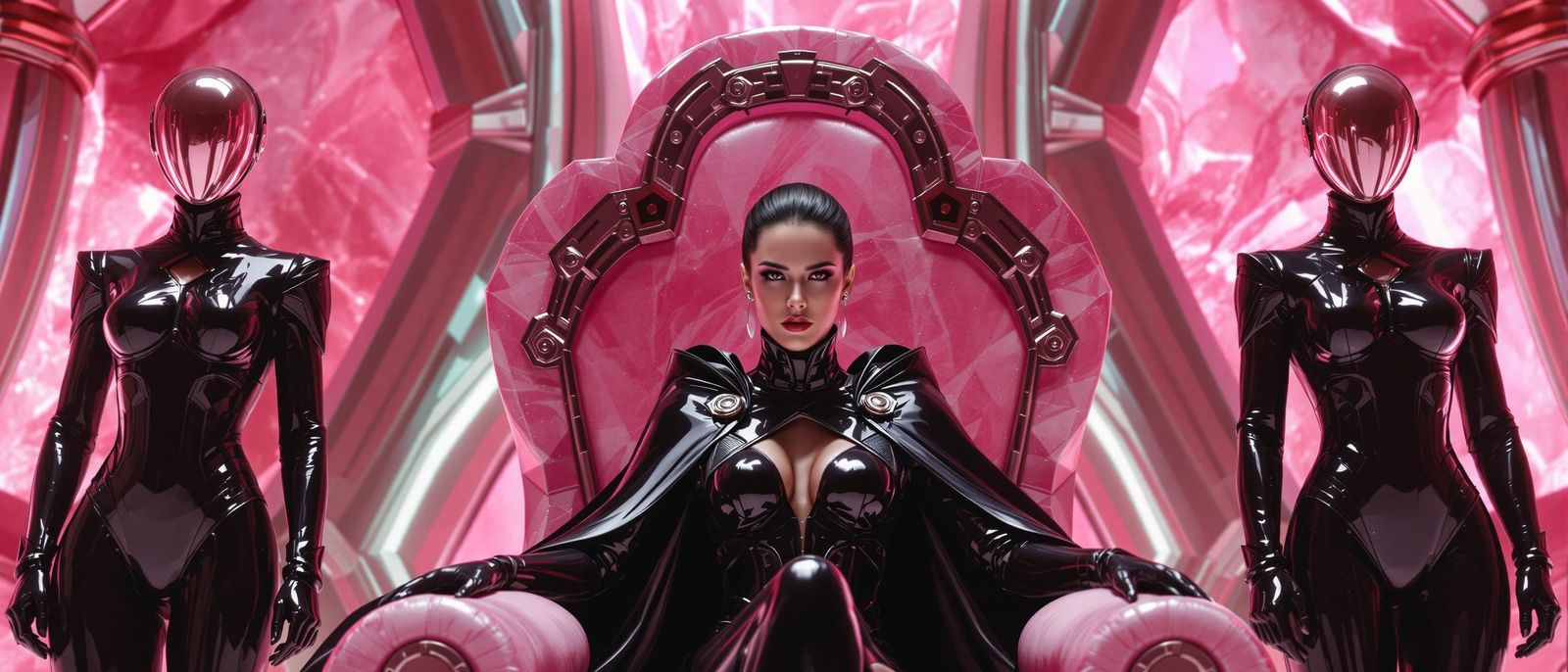 Latex Queen on Rhodonite Throne in Futuristic Style